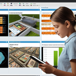 **Adaptive Learning Landscape:** A student immersed in a digital learning environment. The background shows various learning modules dynamically adjusting based on the student's real-time performance. Include data visualizations and personalized feedback elements surrounding the student.