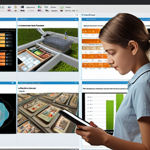Home 11 **Adaptive Learning Landscape:** A student immersed in a digital learning environment. The background shows various learning modules dynamically adjusting based on the student's real-time performance. Include data visualizations and personalized feedback elements surrounding the student.