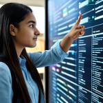 A focused university student, fully clothed in modest casual attire, interacting with a dynamic, personalized holographic display in a modern, sunlit university library. The student is pointing naturally at the screen, which shows adaptive learning modules and data visualizations. The environment is clean and professional. Safe for work, appropriate content, fully clothed, professional, perfect anatomy, correct proportions, natural pose, well-formed hands, proper finger count, professional photograph, high quality, sharp focus.