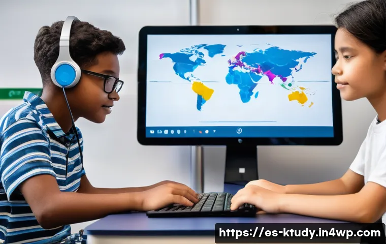디지털 학습 환경의 장애인 접근성 - A diverse group of students in a modern digital classroom, each using different assistive technologi...