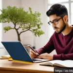 Home 22 디지털 학습 환경의 개인화 전략 - A modern home study setup for a Spanish-speaking young adult, featuring a sleek laptop, tablet, and ...