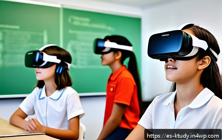 디지털 학습 환경의 발전을 위한 연구 필요성 - A diverse group of Spanish-speaking students engaged in an immersive virtual reality classroom, wear...