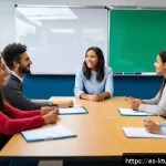 Home 20 온라인 학습의 사회적 상호작용 증진 방법 - A vibrant virtual classroom scene showing diverse adult students actively engaging in a small group ...