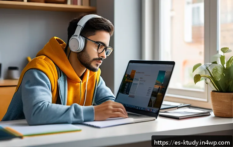 디지털 학습 환경에서의 과제 관리 - A young adult student studying at a tidy, well-lit desk in a modern home office, wearing comfortable...