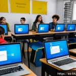 Home 23 디지털 학습 환경의 법적 고려사항 - A modern digital classroom setting in a Spanish-speaking school, showing diverse students and a teac...