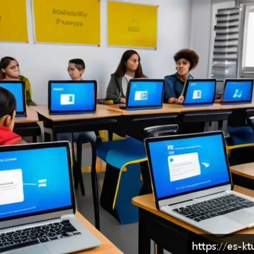 Home 17 디지털 학습 환경의 법적 고려사항 - A modern digital classroom setting in a Spanish-speaking school, showing diverse students and a teac...