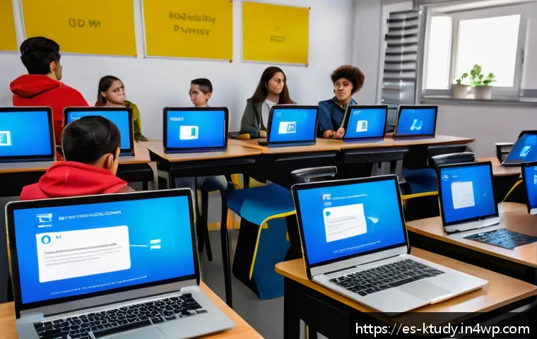 디지털 학습 환경의 법적 고려사항 - A modern digital classroom setting in a Spanish-speaking school, showing diverse students and a teac...