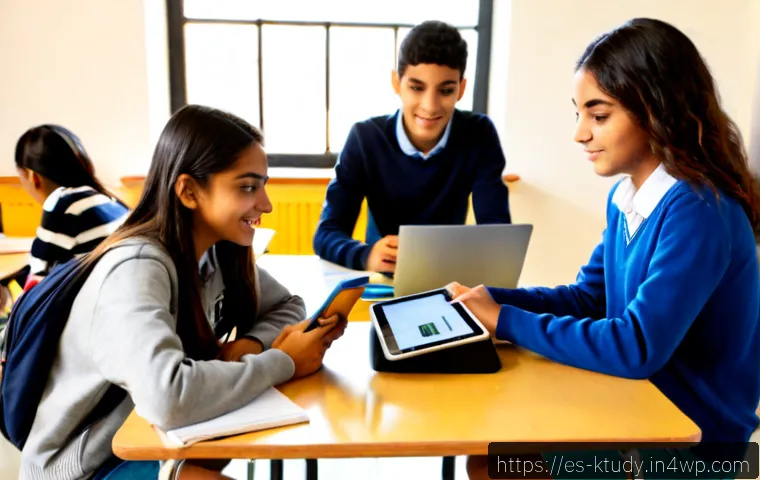 학생 중심의 디지털 학습 설계 - Photorealistic student-centered digital learning scene in a bright modern Spanish secondary school c...