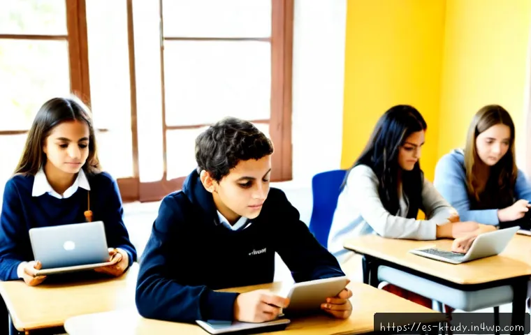 Home 17 학생의 디지털 리터러시 향상 방법 - Photorealistic classroom in a Spanish-speaking secondary school, diverse teenage students using tabl...
