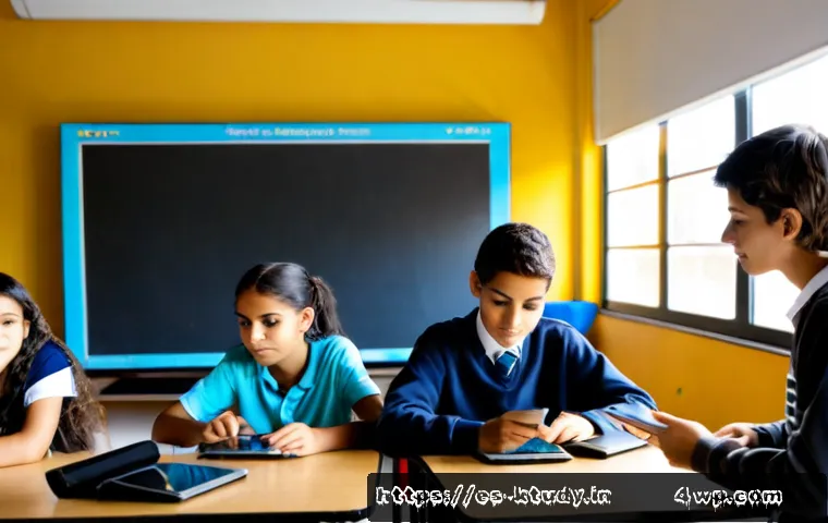 학생 참여를 유도하는 디지털 학습 방법 - Photorealistic Spanish secondary school classroom, diverse teenage students actively collaborating a...